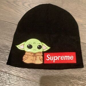 Supreme Black Beanie with Baby Yoda and Red Logo